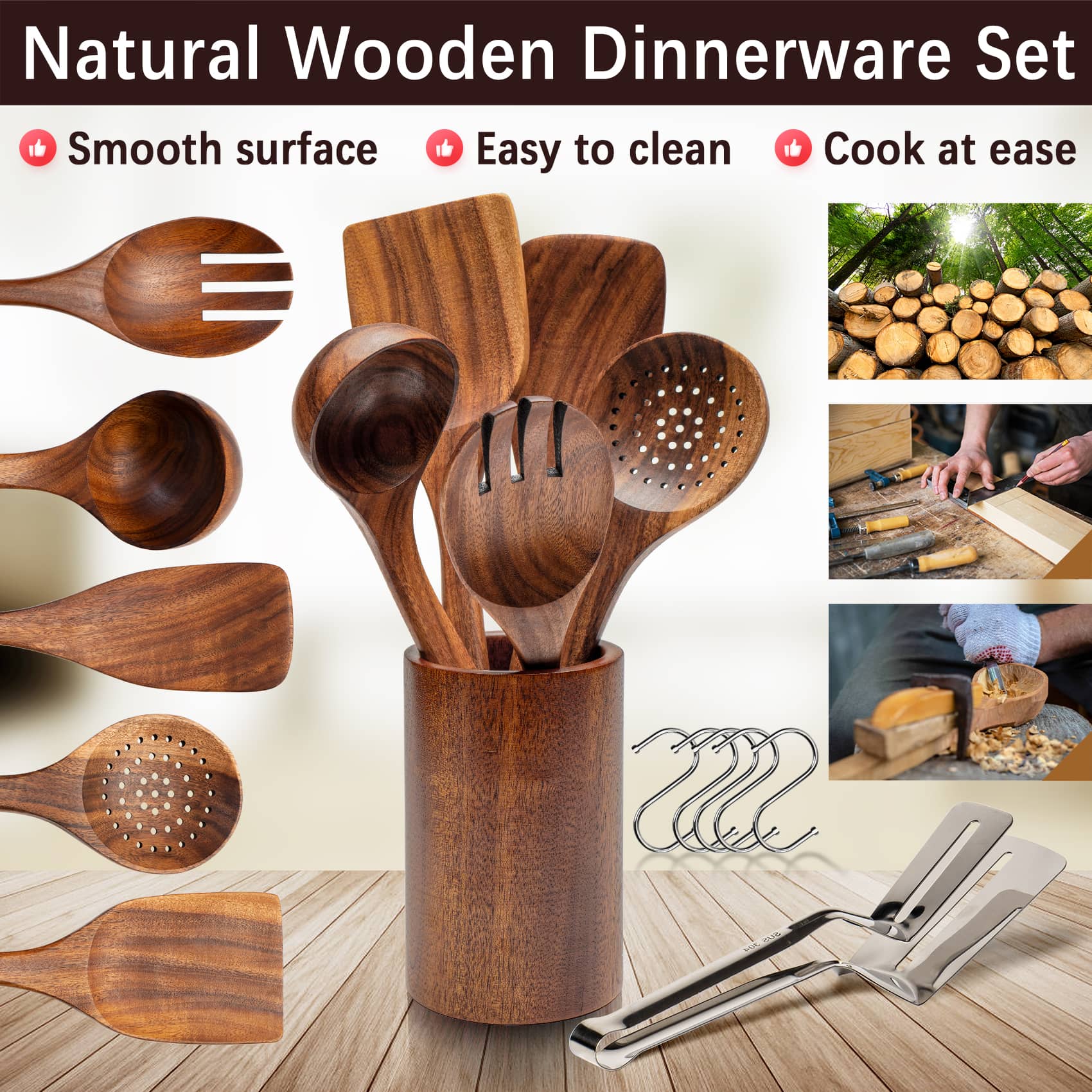 Natural wooden dinnerware set including utensils, holder and steak clamp, emphasizing smooth surface and ease of use