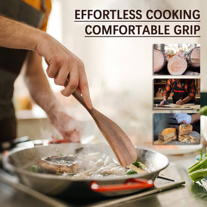 Chef using a wooden spatula to cook in a frying pan, highlighting effortless cooking and comfortable handle