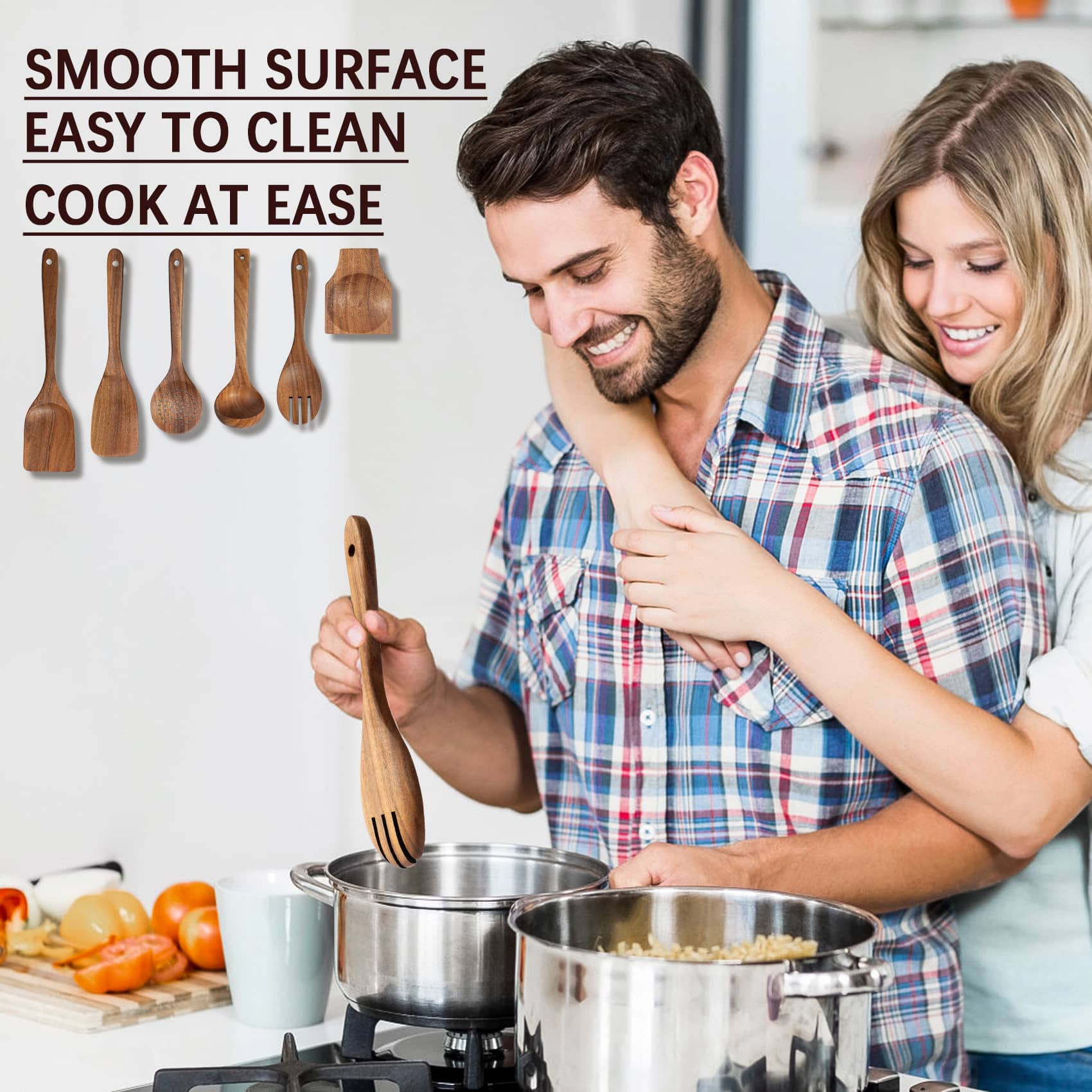 Happy couple cooking together using wooden kitchen utensils, highlighting easy to clean and smooth surface