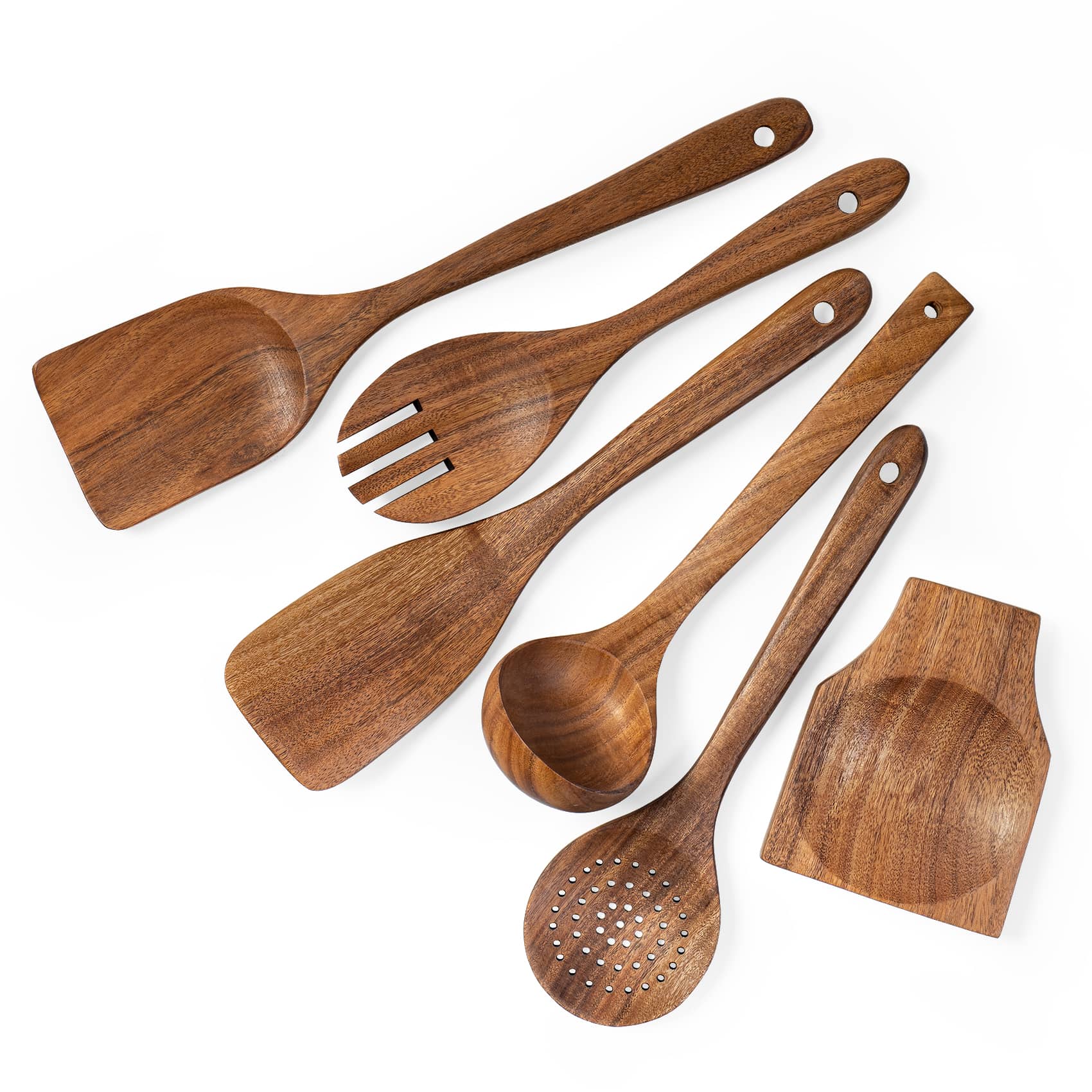 Natural wooden dinnerware set including utensils and spoon rest, emphasizing smooth surface and ease of use