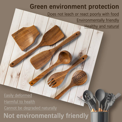 Eco-friendly wooden kitchen utensils laid on a white background, comparing to plastic alternatives