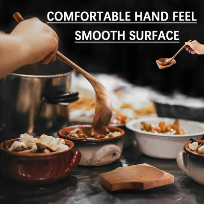 Hand holding a wooden soup ladle over a cooking pot, emphasizing the comfortable grip and smooth surface