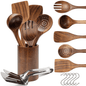 Wooden cooking utensil including soup ladle, 2 spatulas, leaky spoons, salad fork, holder, steak clips, 5 metal hooks