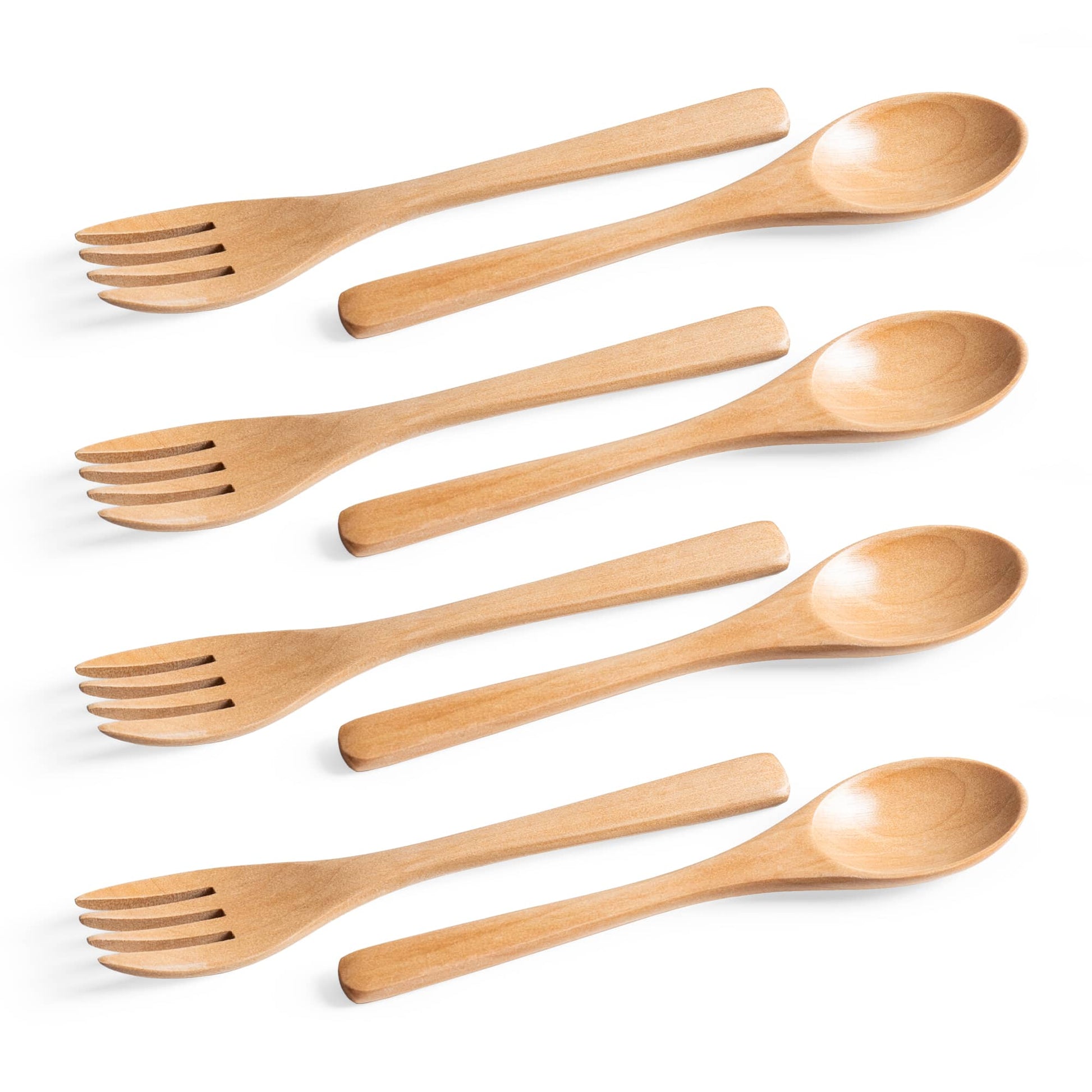 This is a set of four reusable forks and spoons made of pure natural wood and polished to a smooth finish.