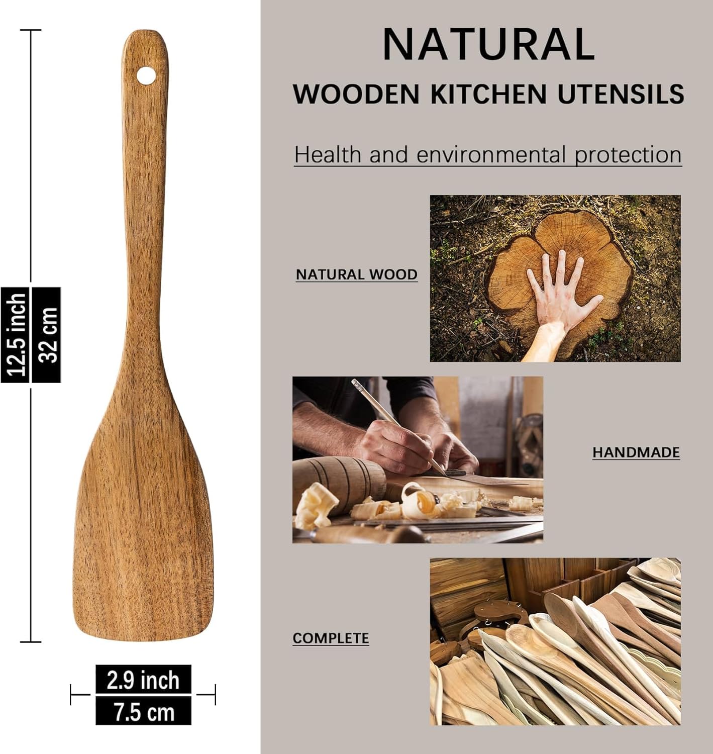 This is a 12.5-inch long and 2.9-inch wide all-natural wooden curved handle frying spatula