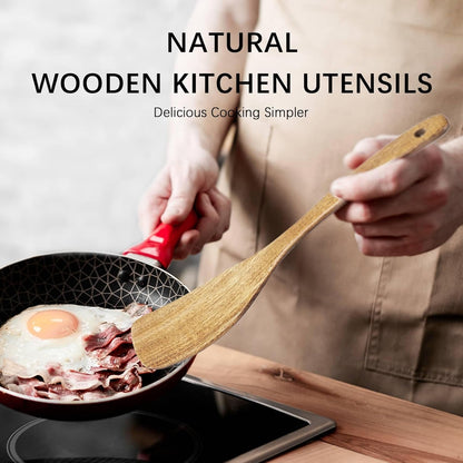 A man is holding this all-natural, wooden, curved-handled frying spatula in his hand, ready to turn the food in the pan.