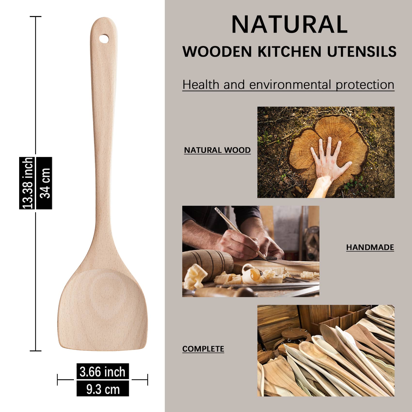 Wooden cooking spatula measures 13.3 inches in length and 3.6 inches in width, sanded from beechwood