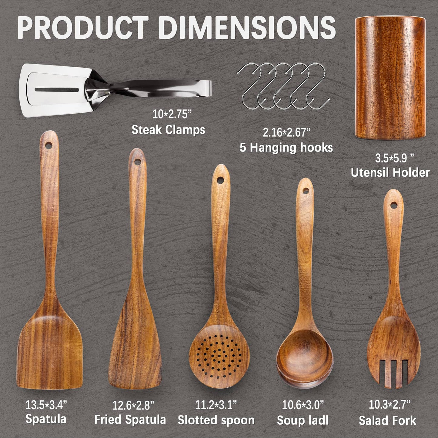 Detailed view of wooden spoon and spatula set with dimensions, including steak clamps, utensil holder, soup ladle, 2 spatulas, leaky spoon, salad fork