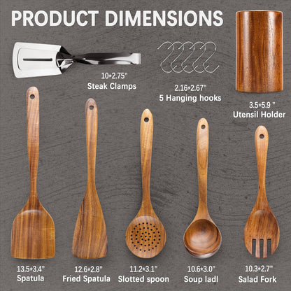 Detailed view of wooden spoon and spatula set with dimensions, including steak clamps, utensil holder, soup ladle, 2 spatulas, leaky spoon, salad fork